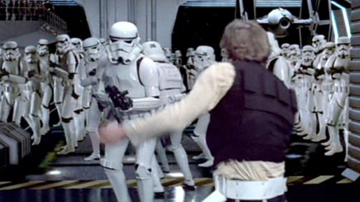 Han Solo running at stormtroopers